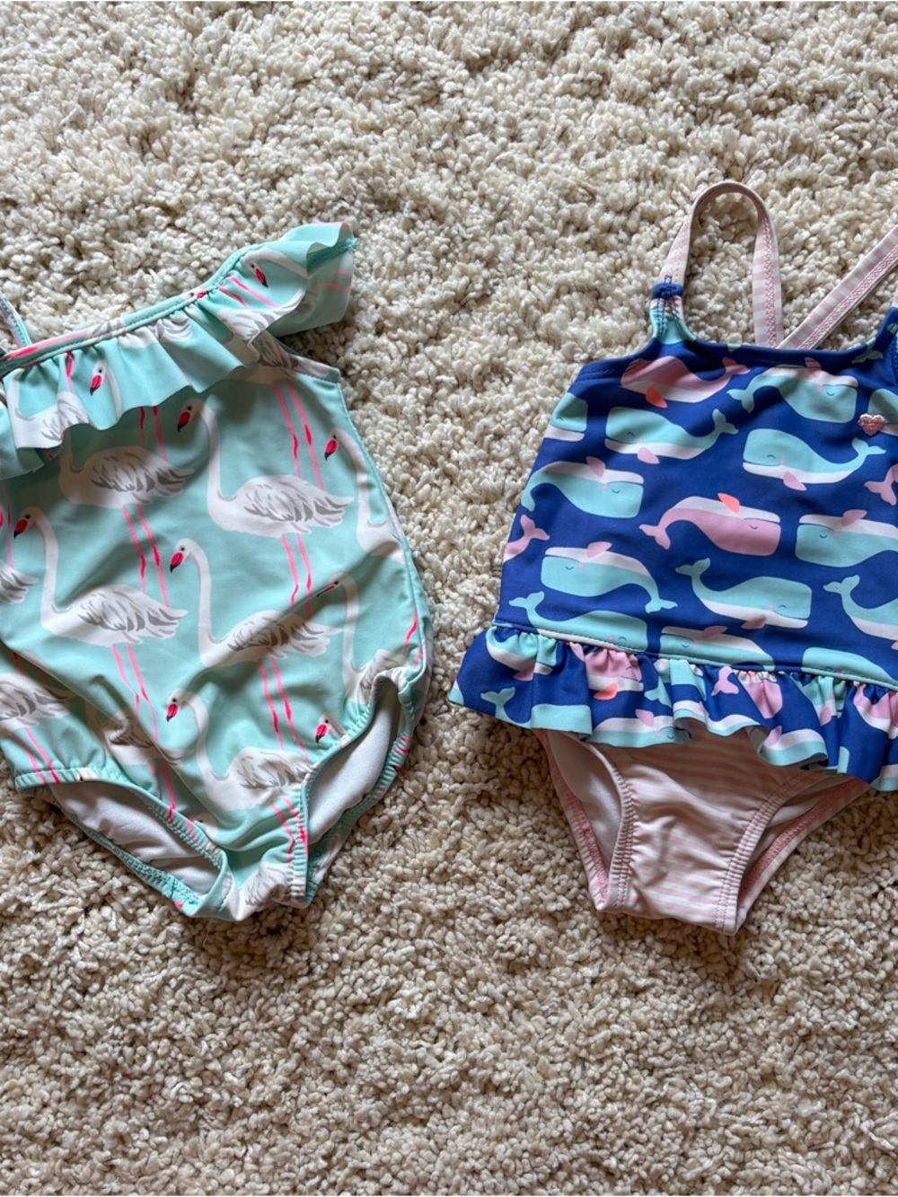 2 Baby Girls One-Piece Swimsuits Bundle Carter's Whale Flamingo Swim Suit 12 Mo
